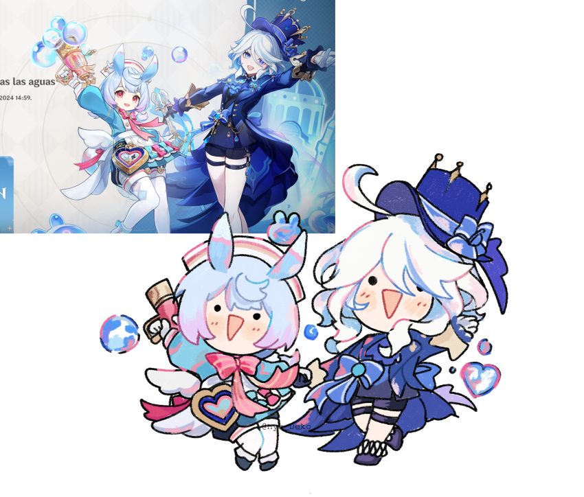 2girls, ahoge, animal_ears, apron, arm_up, artist_name, ascot, asymmetrical_gloves, back_bow, baggy_shorts, black_eyes, black_shorts, black_vest, blue_ascot, blue_bow, blue_footwear, blue_gem, blue_gloves, blue_hair, blue_hat, blue_jacket, blue_shorts, blush, bow, bowtie, bubble, chibi, commentary, drill_hair, drill_sidelocks, fake_wings, formal_clothes, full_body, furina_(genshin_impact), gem, genshin_impact, gloves, gold_trim, gradient_hair, gun, hair_between_eyes, hair_ornament, hat, hat_bow, heart, highres, holding, holding_gun, holding_hands, holding_weapon, jacket, lapels, long_sleeves, looking_at_viewer, low_twintails, melusine_(genshin_impact), mini_wings, mismatched_gloves, multicolored_hair, multiple_girls, nurse_cap, nya_deko, open_clothes, open_jacket, open_mouth, pantyhose, pink_bow, pink_bowtie, pom_pom_(clothes), pom_pom_hair_ornament, puffy_long_sleeves, puffy_sleeves, purple_footwear, purple_hair, shirt, shoes, short_hair, short_twintails, shorts, sidelocks, sigewinne_(genshin_impact), simple_background, smile, socks, standing, striped_bow, striped_bowtie, striped_clothes, suit, untranslatable_commentary, top_hat, twintails, two-tone_hair, vest, vision_(genshin_impact), weapon, white_apron, white_background, white_gloves, white_hair, white_hat, white_pantyhose, white_shirt, white_socks, wings