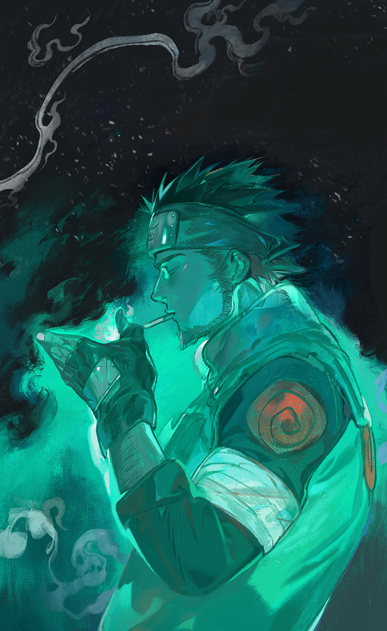 1boy, beard, black_hair, cigarette, disappear, facial_hair, forehead_protector, full_beard