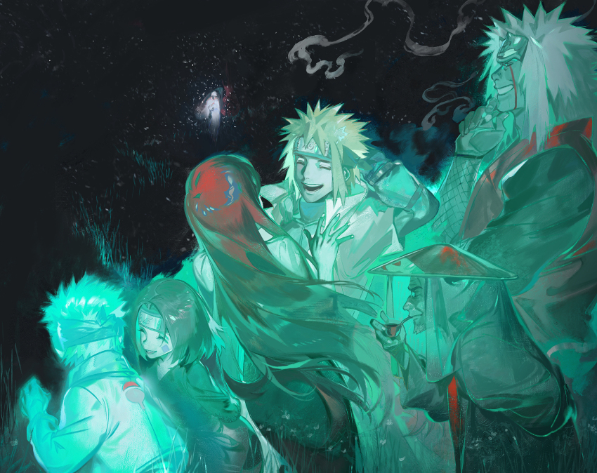 2girls, 4boys, black_hair, cheekbones, child, closed_eyes, facial_mark, facing_another, forehead_protector, ghost, green_theme, grin, hand_on_own_chin, happy, hex_6shui, highres, jiraiya_(naruto), laughing, lighting_cigarette, long_hair, multiple_boys, multiple_girls, namikaze_minato, naruto_(series), naruto_shippuuden, ninja, nohara_rin, ootsutsuki_hagoromo, profile, red_hair, sarutobi_hiruzen, scratching_head, short_hair, smile, smoke, spiked_hair, stroking_own_chin, uchiha_obito, upper_body, uzumaki_kushina, very_long_hair