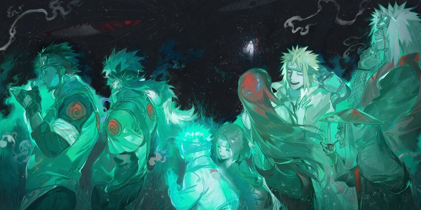 2girls, 6+boys, black_hair, cheekbones, child, cigarette, closed_eyes, cowboy_shot, disappear, facial_mark, facing_another, forehead_protector, ghost, green_theme, grin, hand_on_own_chin, happy, hatake_sakumo, hex_6shui, highres, jiraiya_(naruto), laughing, lighting_cigarette, long_hair, looking_to_the_side, low_ponytail, multiple_boys, multiple_girls, namikaze_minato, naruto_(series), naruto_shippuuden, ninja, nohara_rin, ootsutsuki_hagoromo, ponytail, profile, red_hair, sarutobi_asuma, sarutobi_hiruzen, scratching_head, short_hair, sky, smile, smoke, space, spiked_hair, star_(sky), starry_sky, stroking_own_chin, uchiha_obito, upper_body, uzumaki_kushina, uzumaki_symbol, very_long_hair