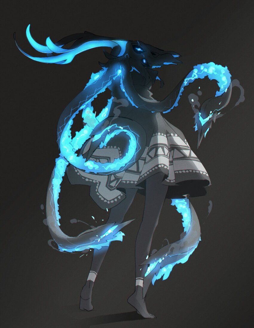 1girl, antlers, bare_legs, barefoot, black_background, black_poncho, blue_eyes, blue_hair