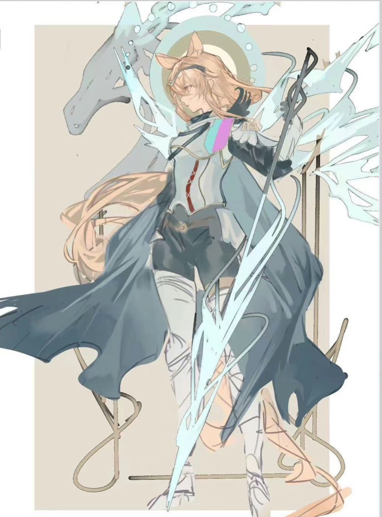 1girl, animal_ears, arknights, armor, blonde_hair, cape, full_body, holding