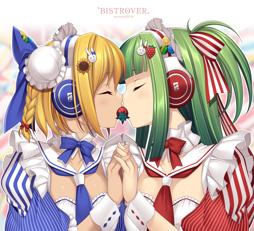 2girls, abstract_background, apron, beatmania_iidx, beatmania_iidx_28_bistrover, bemani, blonde_hair, blue_bow, bow, braid, bun_cover, closed_eyes, commentary_request, food, fruit, green_hair, hair_ribbon, headphones, hishimiya_tsugaru, holding_hands, indirect_kiss, kinoshita_ichi, long_hair, maid_apron, maid_headdress, multiple_girls, red_bow, ribbon, standing, strawberry, upper_body, xiatian_(beatmania), yuri