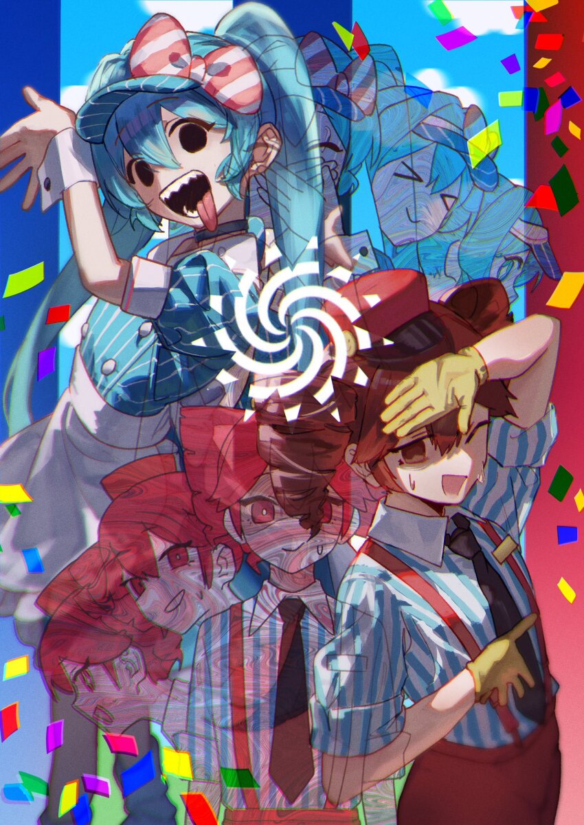 >_<, 2girls, 6o2_(rokumaruni), arm_up, black_eyes, black_necktie, blue_hair, blue_hat, confetti, cowboy_shot, drill_hair, gloves, hand_up, hat, hatsune_miku, highres, kasane_teto, long_hair, looking_at_viewer, mesmerizer_(vocaloid), multiple_girls, necktie, open_mouth, pink_eyes, pink_hair, pink_hat, shirt, smile, striped_clothes, striped_shirt, twin_drills, twintails, utau, very_long_hair, vocaloid, yellow_gloves