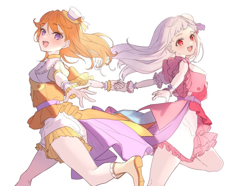 2girls, arashi_chisato, back-to-back, ban_(one_ban7241), blunt_bangs, boots, commentary_request, dress, floating_hair, from_side, hair_down, hat, highres, holding_hands, layered_dress, long_hair, looking_at_viewer, love_live!, love_live!_superstar!!, medium_hair, mini_hat, mirai_no_oto_ga_kikoeru, multiple_girls, open_mouth, orange_dress, orange_hair, pink_dress, purple_eyes, red_eyes, shibuya_kanon, shorts, white_background, white_footwear, white_hair, white_hat, white_shorts, wrist_cuffs