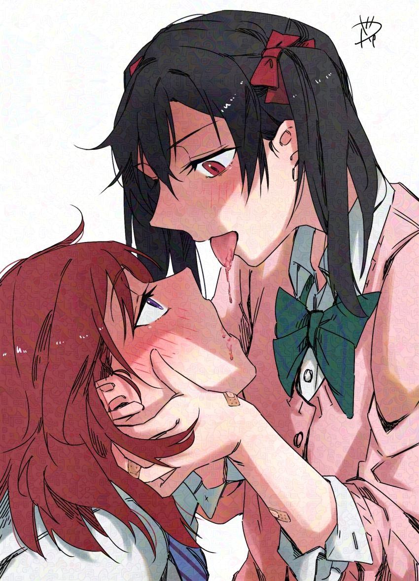 2girls, adversarial_noise, after_kiss, bandaid, bandaid_on_hand, black_hair, blood, blood_from_mouth