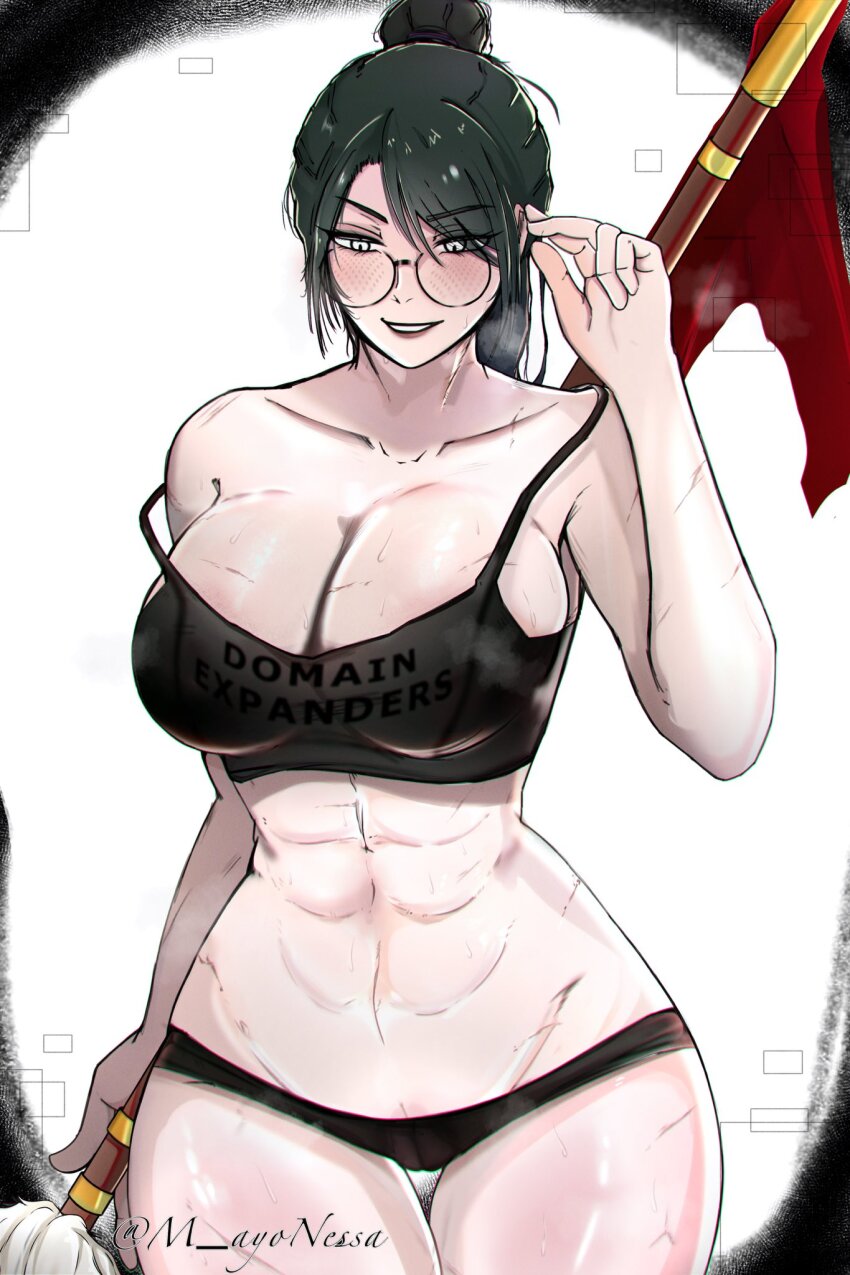 1girl, abs, bra, breasts, glasses, green_hair, highres, jujutsu_kaisen