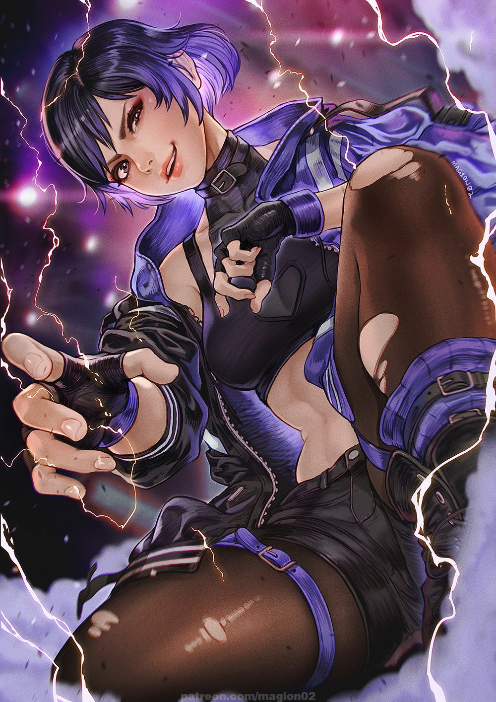 1girl, belt_collar, black_sports_bra, choker, collar, colored_tips, electricity, grey-tinted_eyewear, highres, jacket, leg_warmers, magion02, multicolored_hair, multicolored_jacket, pantyhose, purple_jacket, purple_leg_warmers, purple_lightning, reina_(tekken), short_hair, smile, solo, sports_bra, sports_bra_over_clothes, tekken, tekken_8, tinted_eyewear, torn_choker, torn_clothes, torn_pantyhose, two-tone_jacket