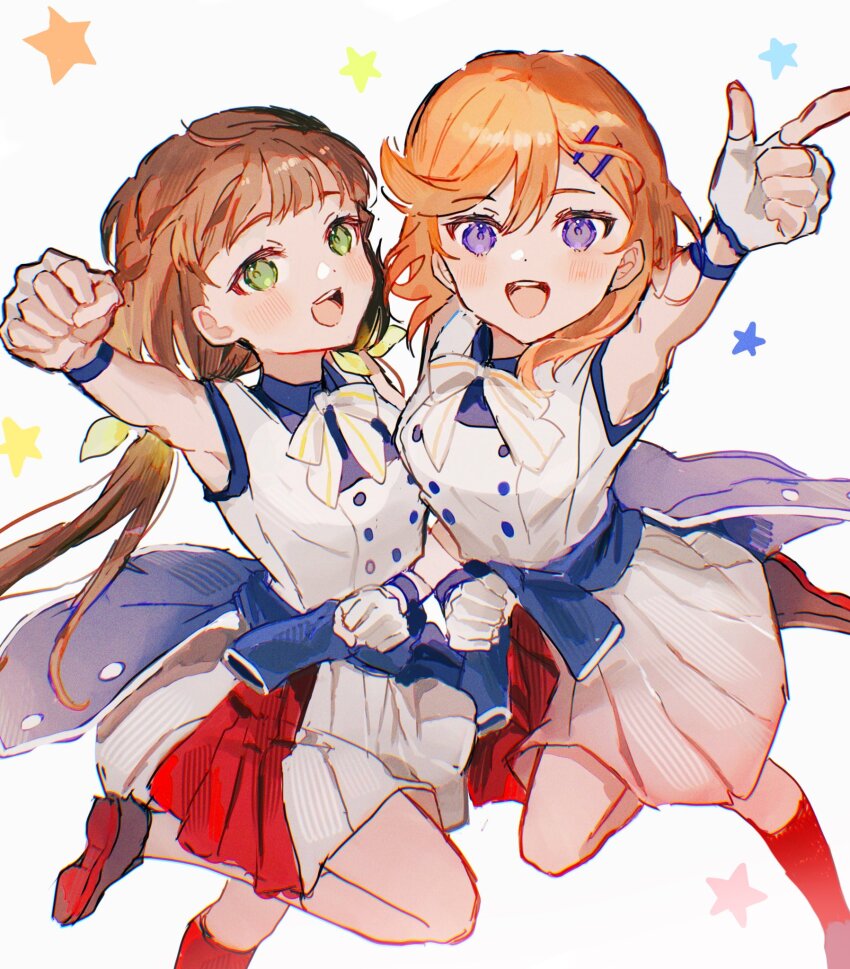 2girls, arm_up, ban_(one_ban7241), blue_jacket, blush, bow, bowtie, brown_hair