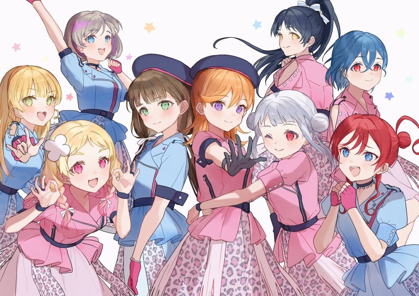 6+girls, :3, \m/, arashi_chisato, arm_up, ban_(one_ban7241), beret, black_gloves, black_hair, blonde_hair, blue_eyes, blue_hair, blue_hat, blue_jacket, blush, brown_hair, choker, clenched_hands, closed_mouth, clothing_cutout, double_ok_sign, fingerless_gloves, floating_hair, furrowed_brow, gloves, gradient_hair, green_eyes, grey_hair, hair_bun, hairband, hat, hazuki_ren, heanna_sumire, highres, hug, jacket, leaning_forward, long_hair, looking_at_viewer, love_live!, love_live!_superstar!!, medium_hair, multicolored_hair, multiple_girls, ok_sign, one_eye_closed, onitsuka_natsumi, open_mouth, orange_hair, orange_hairband, pink_eyes, pink_gloves, pink_hair, pink_jacket, ponytail, purple_choker, purple_eyes, red_eyes, red_hair, sakurakoji_kinako, shibuya_kanon, short_hair, shoulder_cutout, single_side_bun, smile, star_(symbol), tang_keke, twintails, upper_body, v-shaped_eyebrows, wakana_shiki, we_will!!_(love_live!), white_hair, yellow_eyes, yoneme_mei