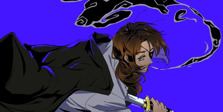 1boy, black_jacket, blue_background, brown_eyes, brown_hair, cigarette, eyepatch, gregor_(project_moon)