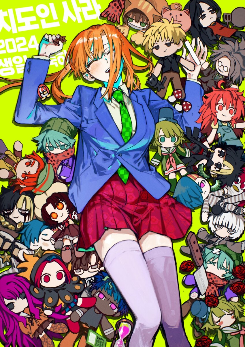 1girl, aqua_eyes, black_eyes, blonde_hair, blue_jacket, blush_stickers, bongo_drums, brown_hair