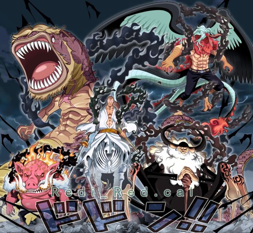 5boys, arthropod_boy, artist_name, bakotsu_(youkai), bald, beard, dragon_tail, ethan-baron_v._nusjuro