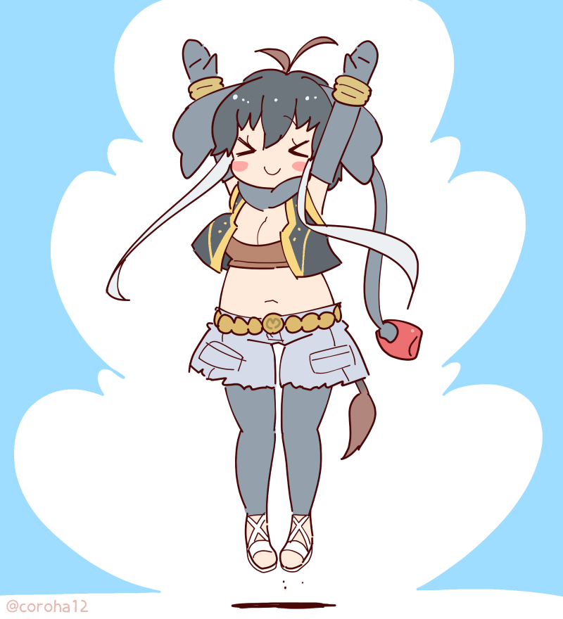 1girl, animal_ears, arms_up, belt, blue_background, borneo_elephant_(kemono_friends), coroha, elbow_gloves