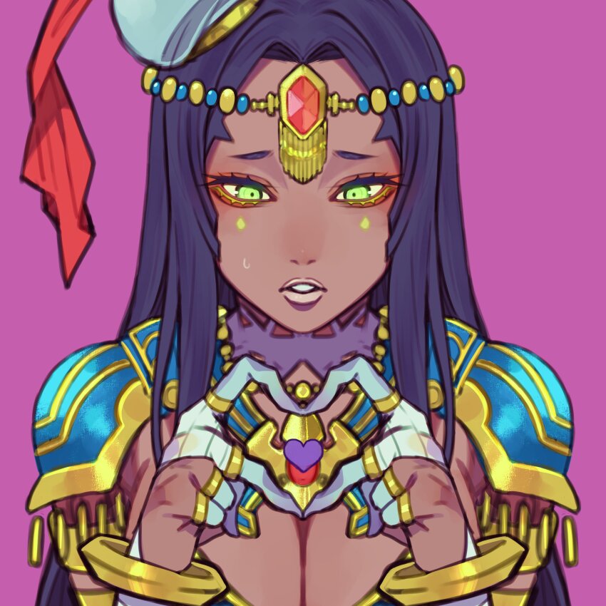 1girl, absurdres, armor, bangle, black_hair, bracelet, breasts, circlet, cleavage, dark-skinned_female, dark_skin, facial_mark, fate/grand_order, fate_(series), gem, gerokizoku, green_eyes, hat, heart, heart_hands, highres, jewelry, lips, long_hair, pauldrons, scheherazade_(fate), shoulder_armor, sweatdrop