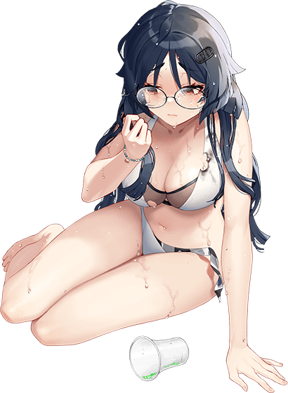 1girl, akasaka_yuzu, bikini, black_hair, breasts, burnt_clothes, cleavage, cooler