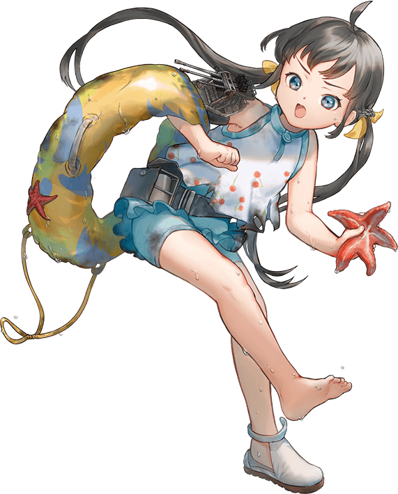 1girl, belt, black_hair, blue_eyes, casual_one-piece_swimsuit, deflated, depth_charge, dirty