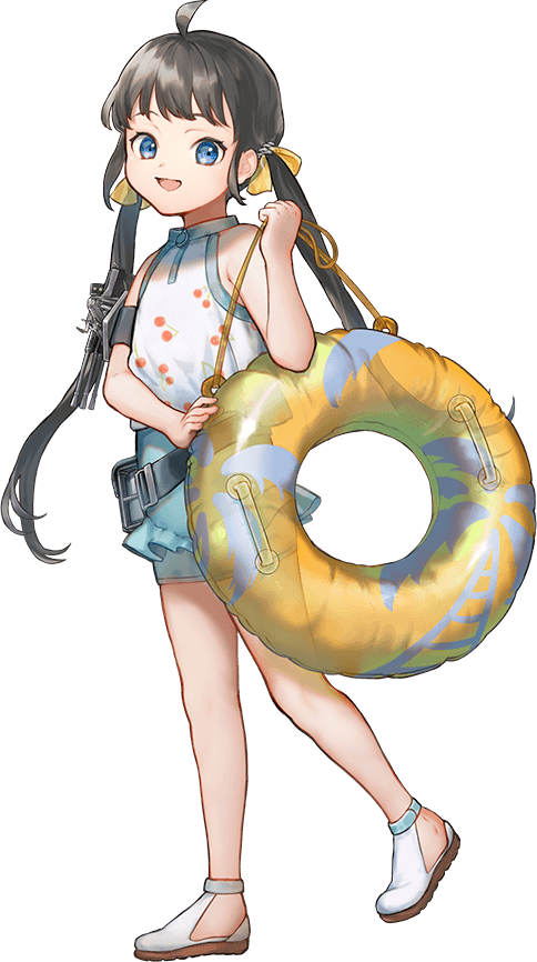1girl, belt, black_hair, blue_eyes, casual_one-piece_swimsuit, full_body, hair_ribbon, hozuka_(kadokawa), innertube, kaiboukan_no._22_(kancolle), kaiboukan_no._22_(swimsuit)_(kancolle), kantai_collection, long_hair, multicolored_swimsuit, official_alternate_costume, official_art, one-piece_swimsuit, ribbon, smile, solo, swim_ring, swimsuit, third-party_source, transparent_background, twintails, utility_belt, white_footwear