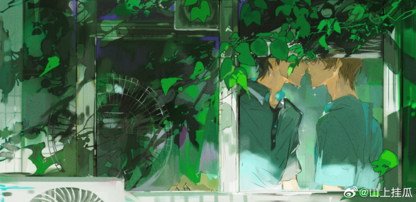 2boys, black_hair, blonde_hair, blue_shirt, buttons, chinese_commentary, collared_shirt, commentary_request, day, electric_fan, faceless, faceless_male, highres, hot, huang_shao_tian, imminent_kiss, leaf, male_focus, multiple_boys, parted_lips, plant, quan_zhi_gao_shou, shanshang_guagua, shirt, short_hair, short_sleeves, sunlight, sweat, upper_body, vines, watermark, weibo_watermark, window, yaoi, yu_feng