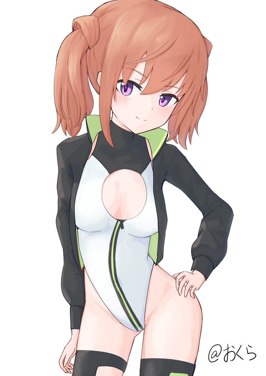 1girl, alice_gear_aegis, black_jacket, black_thighhighs, breasts, brown_hair, circle_cutout, cleavage_cutout