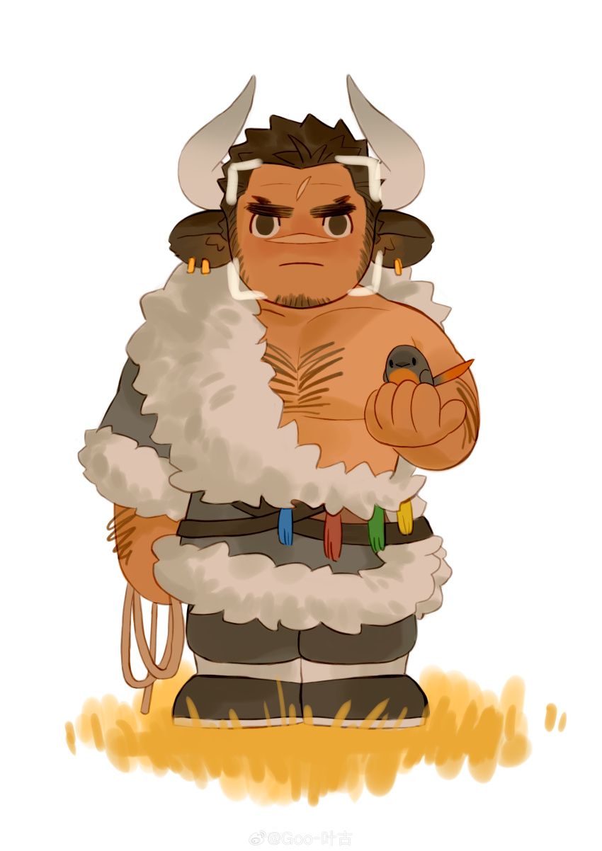 1boy, absurdres, animal, animal_ears, bara, bare_pectorals, bird, border