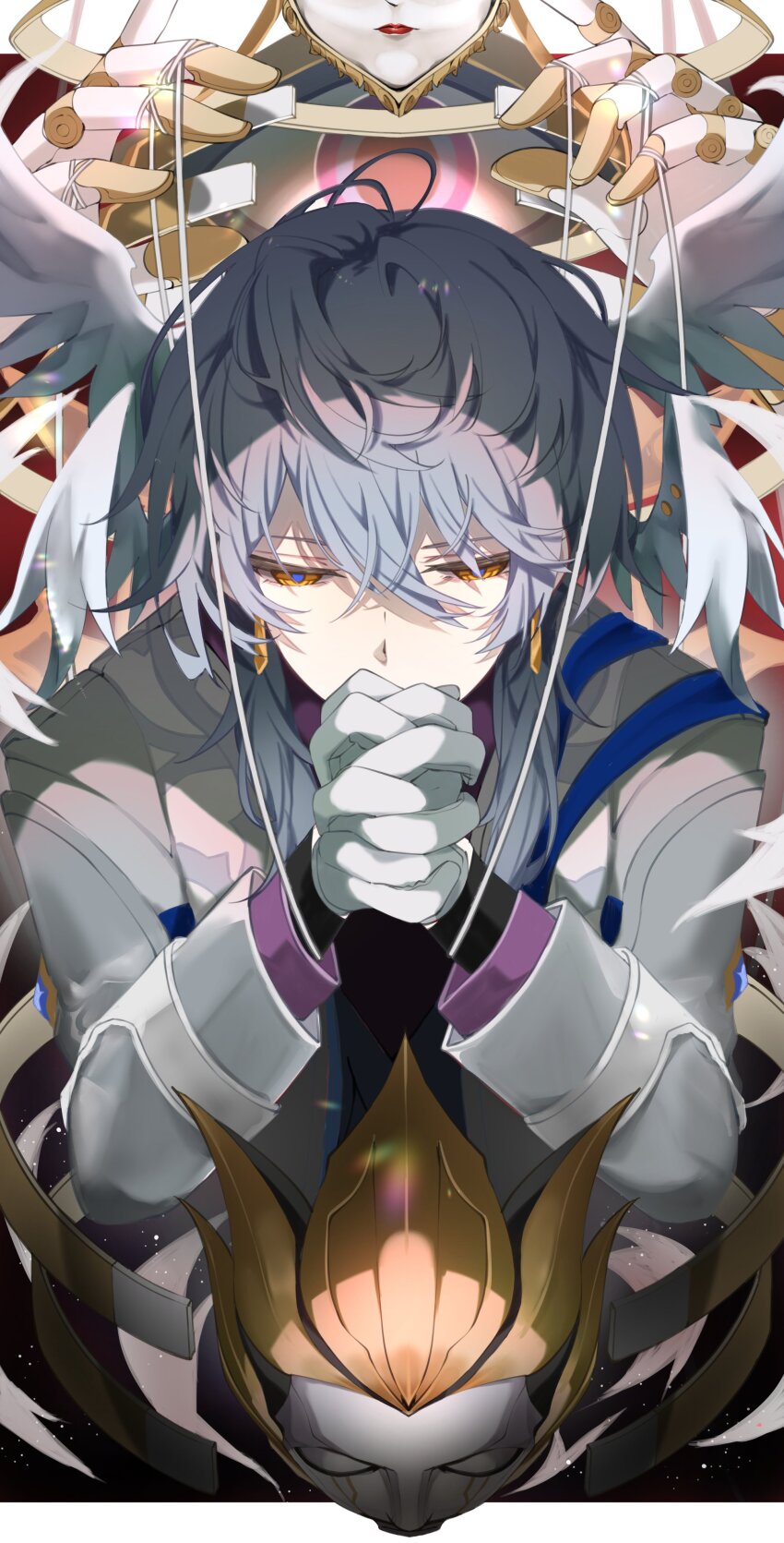 1boy, 2others, absurdres, blue_hair, commentary, crown, earrings, ena_(honkai:_star_rail)