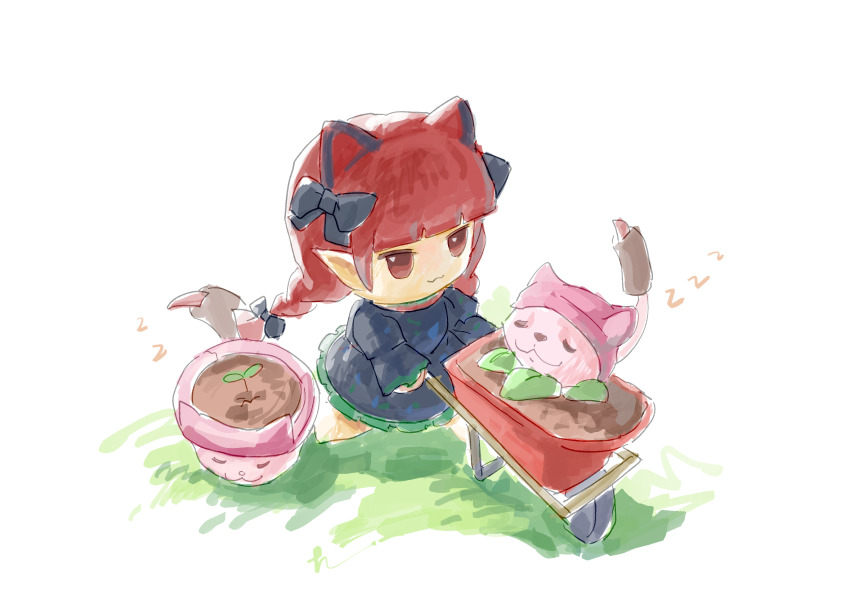 1girl, :3, animal_ears, black_bow, black_dress, bow, braid, cat_ears, cattail_(plants_vs._zombies), chibi, chibi_only, closed_mouth, crossover, dress, extra_ears, ge_dazuo, hair_bow, highres, kaenbyou_rin, long_sleeves, plants_vs._zombies, plants_vs._zombies_hybrid, pointy_ears, red_eyes, red_hair, solo, touhou, twin_braids, wheelbarrow, white_background, zzz