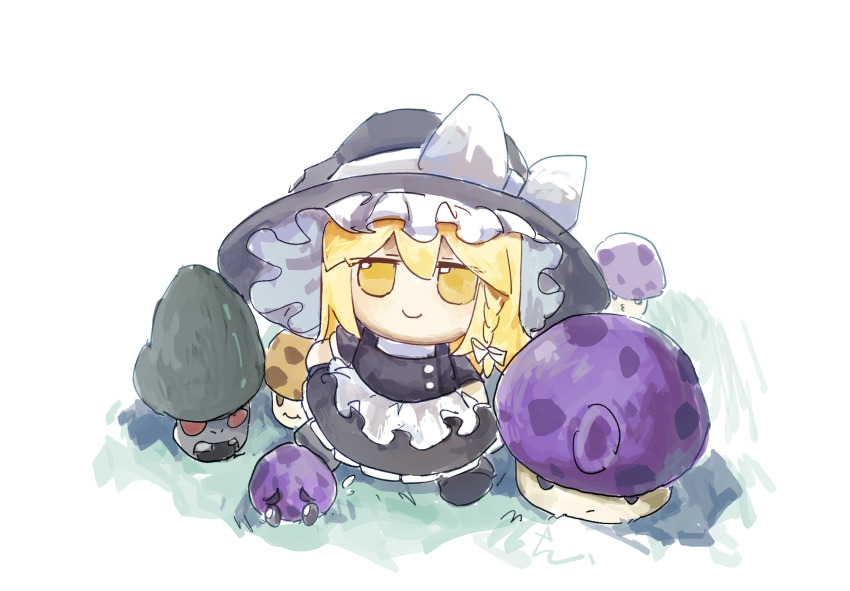 1girl, apron, black_hair, black_skirt, black_vest, blonde_hair, bow, braid