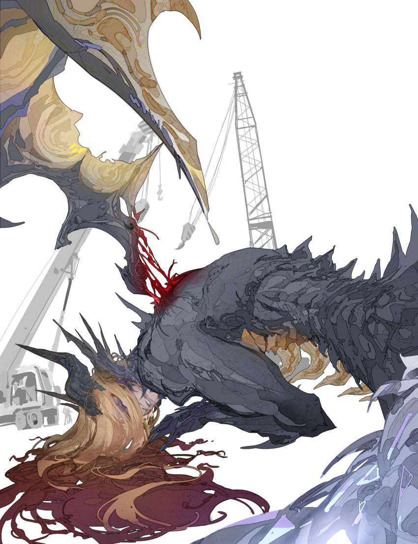 1boy, alternate_form, black_skin, blonde_hair, blood, carapace, colored_skin, cowboy_shot