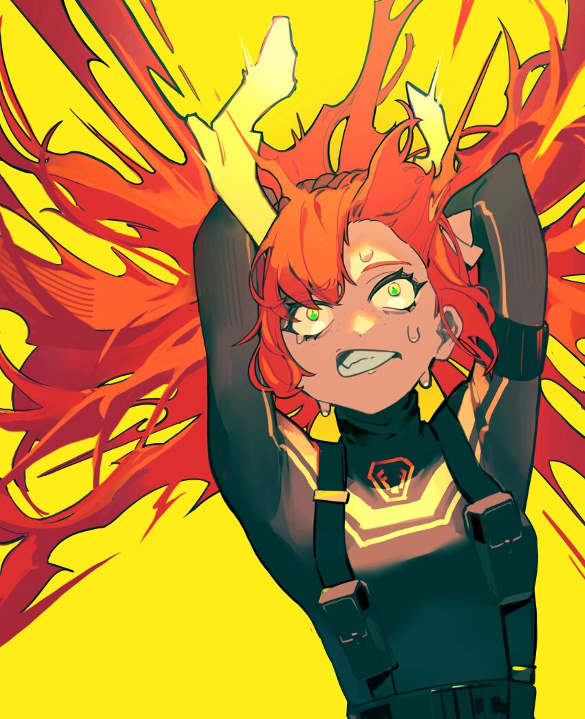 1girl, absurdres, antlers, arms_up, black_bodysuit, bodysuit, brown_hairband, green_eyes