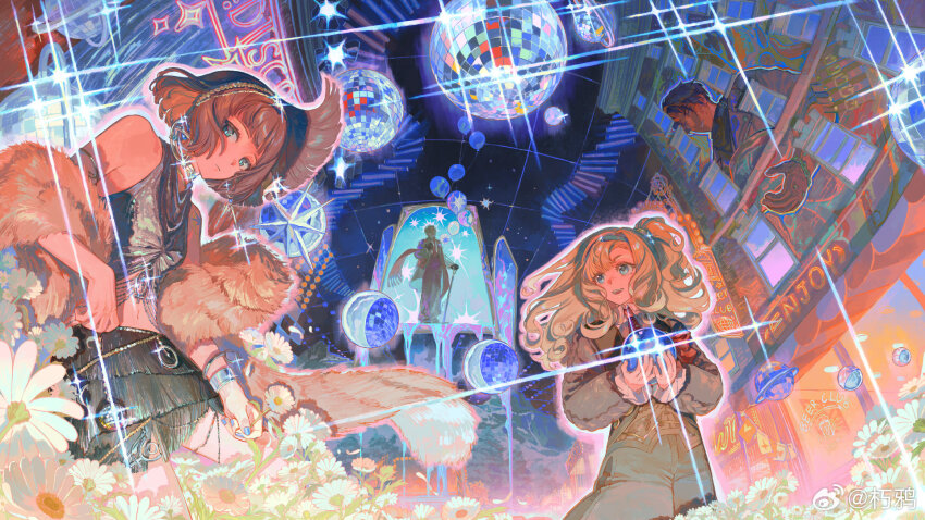 2girls, :d, ball, bare_shoulders, black_skirt, black_sky, blue_eyes, blue_hairband