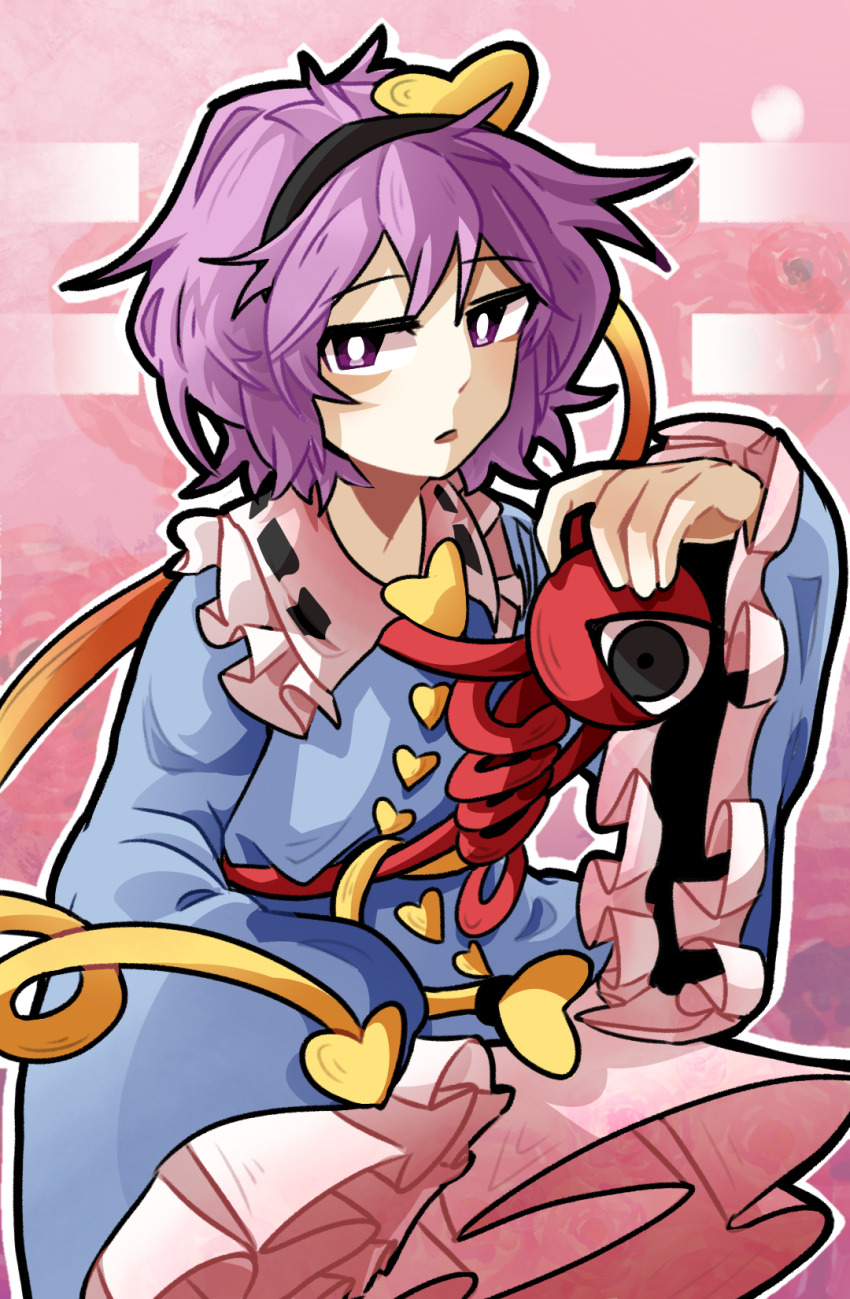1girl, black_eyes, black_hairband, blouse, blue_shirt, bright_pupils, buttons, chinese_commentary, commentary, cowboy_shot, frilled_shirt_collar, frilled_sleeves, frills, hair_ornament, hairband, heart, heart_button, heart_hair_ornament, highres, komeiji_satori, long_sleeves, looking_at_viewer, messy_hair, parted_lips, pink_skirt, purple_eyes, purple_hair, ribbon_trim, shenmeshihou, shirt, short_hair, skirt, solo, third_eye, touhou, white_pupils, wide_sleeves