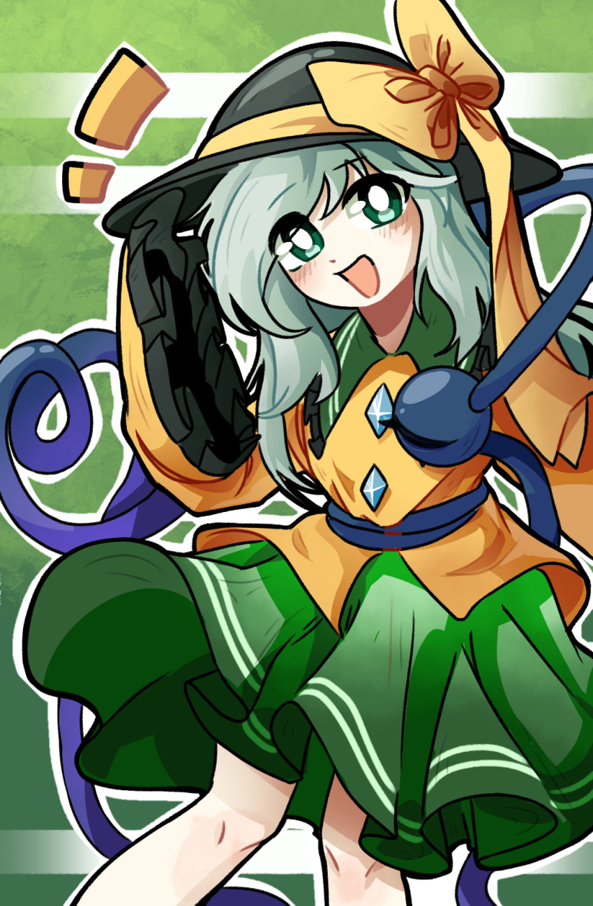 1girl, :d, black_hat, blouse, blush, bow, bright_pupils, buttons, chinese_commentary, commentary, cowboy_shot, diamond_button, frilled_shirt_collar, frilled_sleeves, frills, green_eyes, green_hair, green_skirt, hand_up, hat, hat_bow, highres, komeiji_koishi, long_hair, long_sleeves, looking_at_viewer, open_mouth, shenmeshihou, shirt, skirt, sleeves_past_fingers, sleeves_past_wrists, smile, solo, third_eye, touhou, white_pupils, wide_sleeves, yellow_bow, yellow_shirt