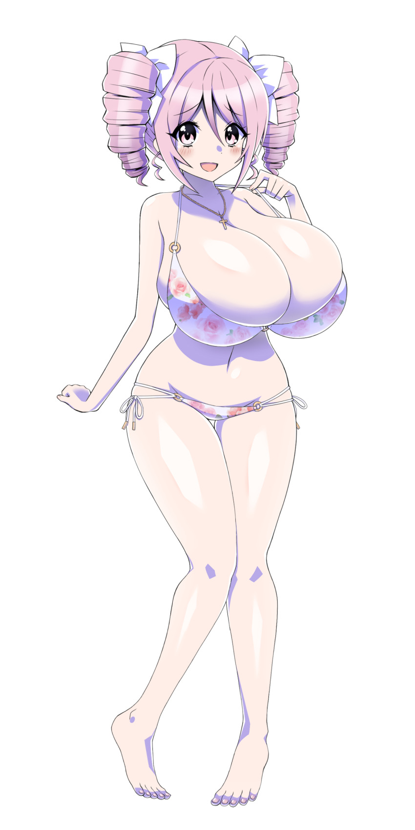 1girl, absurdres, bikini, blush, breasts, cleavage, cross, cross_necklace, drill_hair, floral_print, floral_print_bikini, hair_ribbon, highres, jashin-chan_dropkick, jewelry, large_breasts, looking_at_viewer, moyuru_pen, navel, necklace, open_mouth, pink_eyes, pink_hair, pino_(jashin-chan_dropkick), print_bikini, ribbon, simple_background, smile, solo, swimsuit, twin_drills, white_background