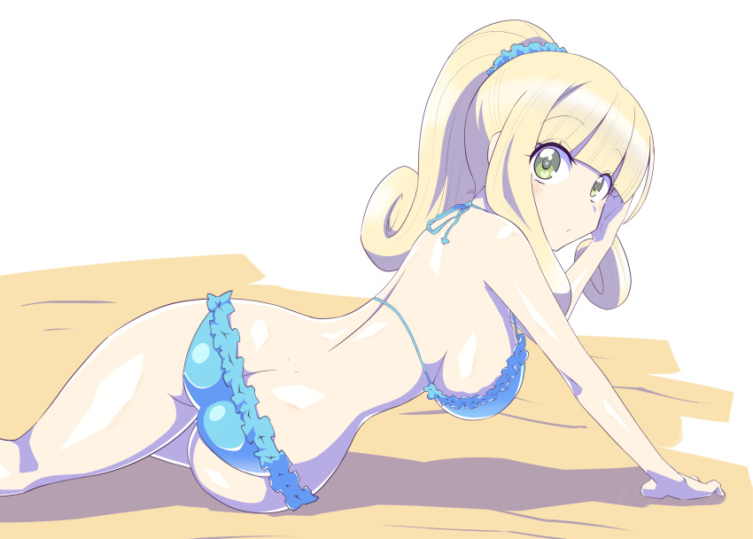 1girl, absurdres, ass, bikini, blonde_hair, blue_bikini, blush, breasts, butt_crack, green_eyes, hair_ornament, hair_scrunchie, highres, jashin-chan_dropkick, large_breasts, long_hair, moyuru_pen, poporon_(jashin-chan_dropkick), scrunchie, solo, swimsuit