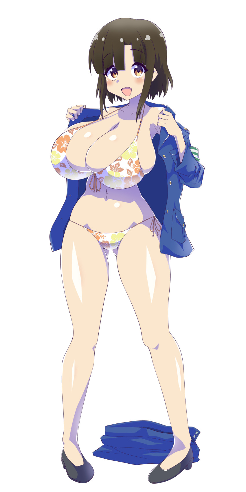 1girl, absurdres, bikini, black_hair, blush, breasts, brown_eyes, cleavage