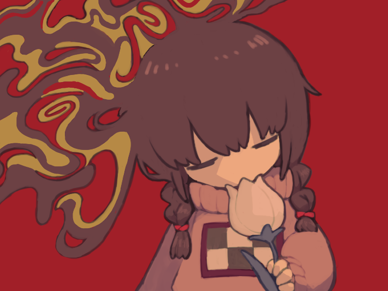 1girl, braid, brown_hair, closed_eyes, distortion, facing_viewer, flower, holding, holding_flower, long_sleeves, madotsuki, pink_sweater, print_sweater, red_background, regurusu_(nagarevosi), smelling, smelling_flower, solo, sweater, twin_braids, upper_body, white_flower, yume_nikki