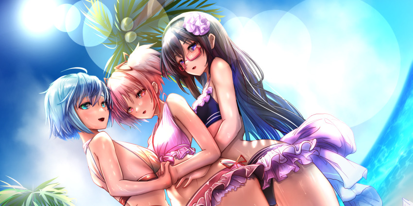 3girls, akemi_homura, akemi_homura_(swimsuit_ver.), beach, belly, bikini, black_hair, black_hairband