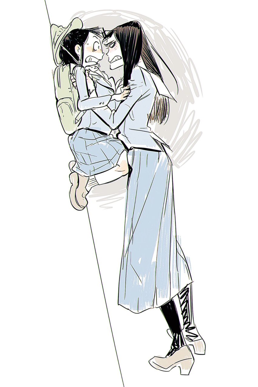 2girls, asakusa_midori, backpack, bag, black_hair, black_pantyhose, blue_jacket, blue_skirt