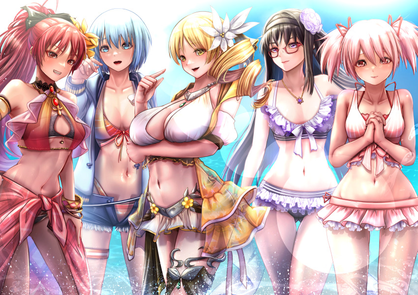 5girls, akemi_homura, akemi_homura_(swimsuit_ver.), beach, belly, bikini, black_hair, black_hairband