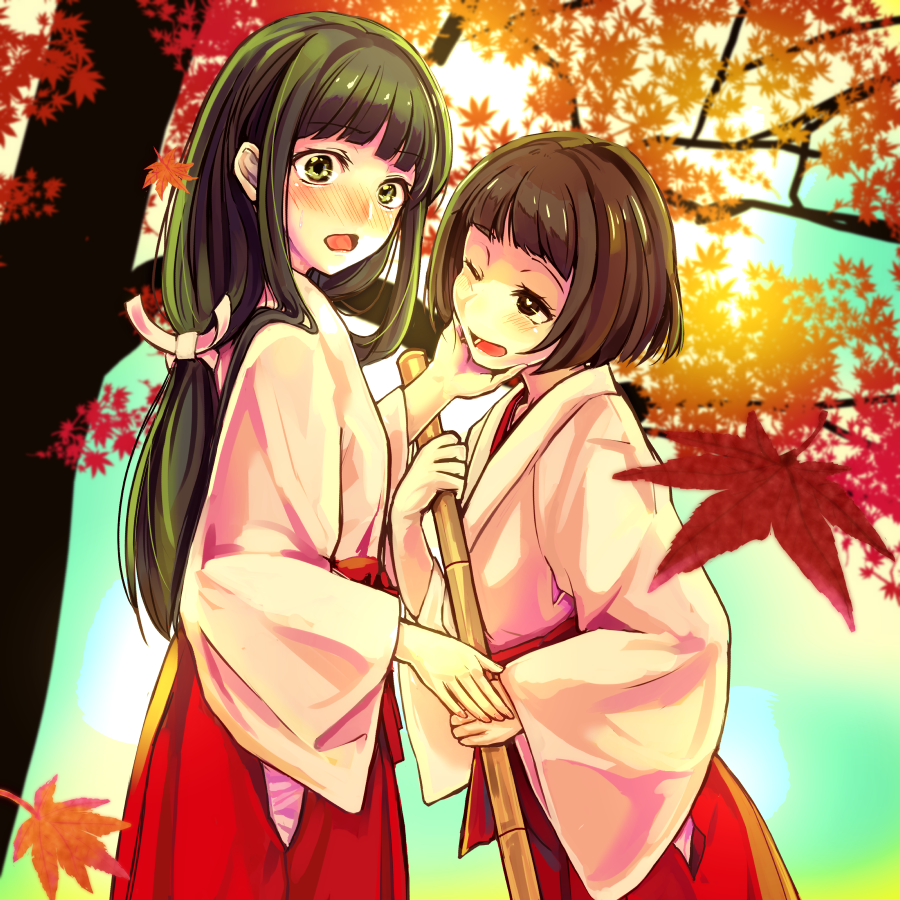 2girls, autumn_leaves, black_hair, blush, broom, brown_eyes, brown_hair, day