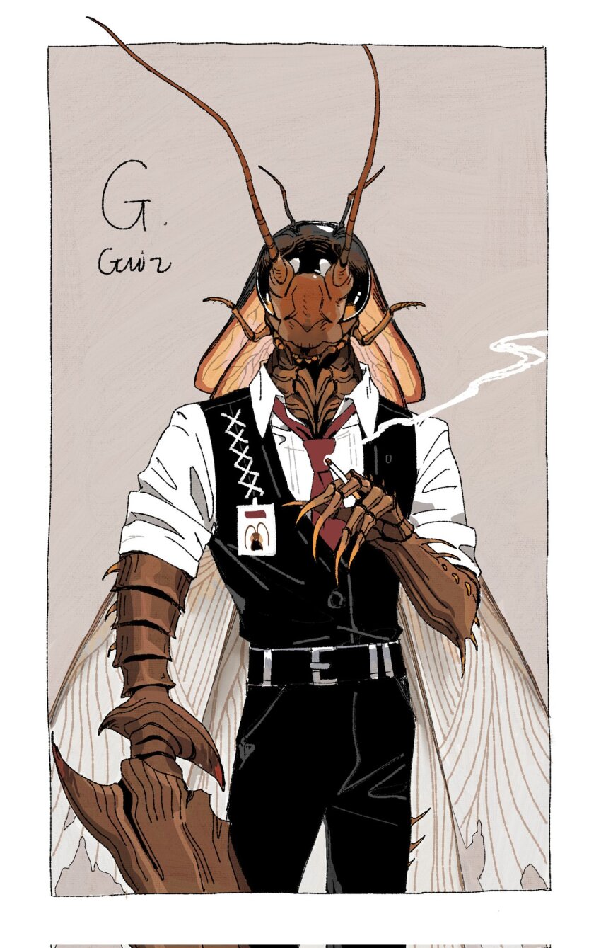 1boy, animalization, antennae, arthropod_limbs, artist_name, belt, black_belt, black_pants, black_vest, border, bug, chinese_commentary, cigarette, cockroach, commentary_request, corrupted_twitter_file, cowboy_shot, gregor_(project_moon), guizhenc, highres, holding, holding_cigarette, insect, light_brown_background, limbus_company, name_tag, necktie, outside_border, pants, project_moon, shirt, simple_background, smoke, standing, vest, white_border, white_shirt, wings