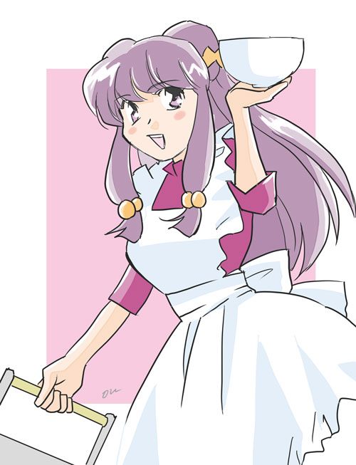 1girl, bell, blush_stickers, border, bowl, box, double_bun, dress