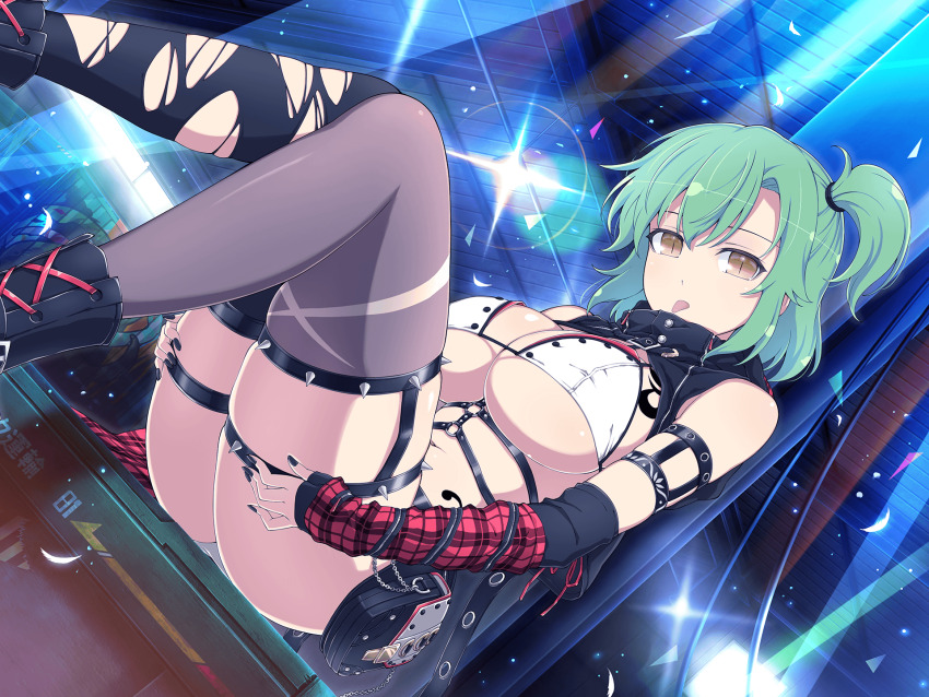 1girl, arm_garter, arm_warmers, bikini, black_arm_garter, black_boots, black_nails, black_thighhighs, boots, breast_tattoo, breasts, chain, cleavage, confetti, green_hair, harness, high_collar, highres, hikage_(senran_kagura), hip_tattoo, indoors, industrial, lace-up_boots, large_breasts, lens_flare, light_particles, looking_at_viewer, micro_bikini, nail_polish, navel, o-ring, official_alternate_costume, official_art, plaid_arm_warmers, plaid_clothes, pouch, revealing_clothes, senran_kagura, senran_kagura_new_link, senran_kagura_shoujo-tachi_no_shin'ei, shiny_skin, shipping_container, short_hair, side_ponytail, sitting, slit_pupils, snake_tattoo, solo, spiked_legwear, spiked_legwear_garter, spikes, stage_lights, swimsuit, tattoo, thighhighs, tongue, tongue_out, torn_clothes, torn_thighhighs, underboob, white_bikini, yaegashi_nan, yellow_eyes, zipper