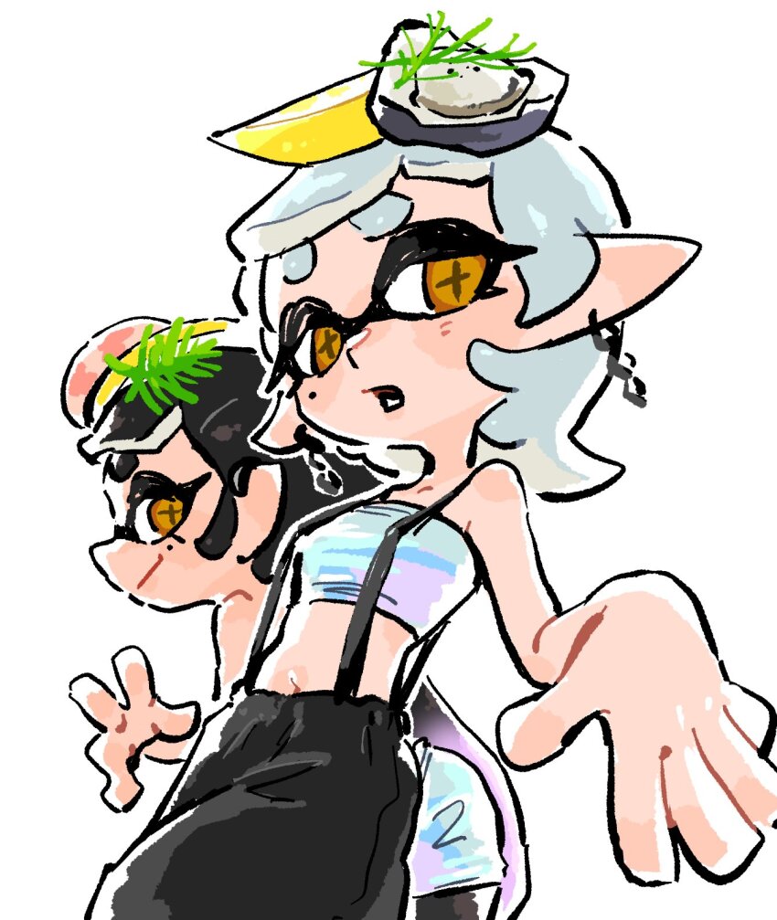 2girls, blush, callie_(splatoon), callie_(summer_nights)_(splatoon), food, fruit, highres, issa_1_3