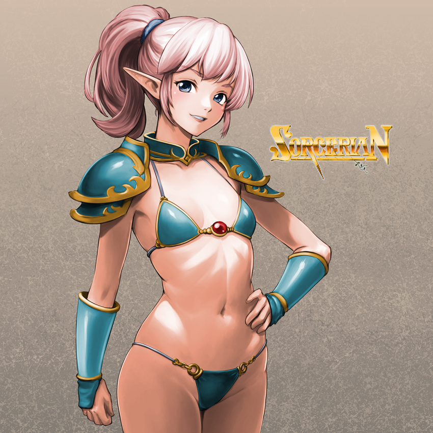 1girl, arm_guards, armor, bikini_armor, blue_armor, blue_eyes, breasts, cleavage, copyright_name, cowboy_shot, dragon_slayer_(series), elf, gold_trim, grin, hand_on_own_hip, highres, medium_hair, midriff, minamoto80486, navel, o-ring, o-ring_bottom, pauldrons, pink_hair, pointy_ears, ponytail, shoulder_armor, small_breasts, smile, solo, sorcerian, teeth