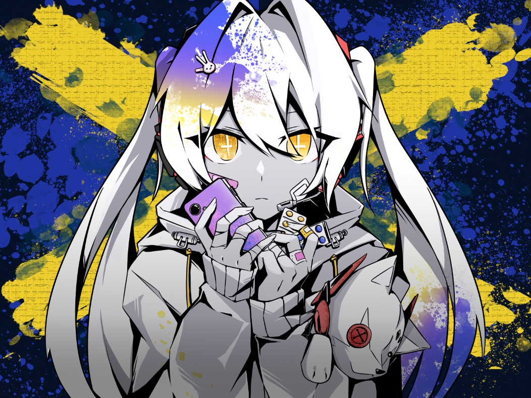 1girl, bandaid, bandaid_on_face, bandaid_on_hand, blue_background, cross-shaped_pupils, doll, fei_xun_jia_jia_yu