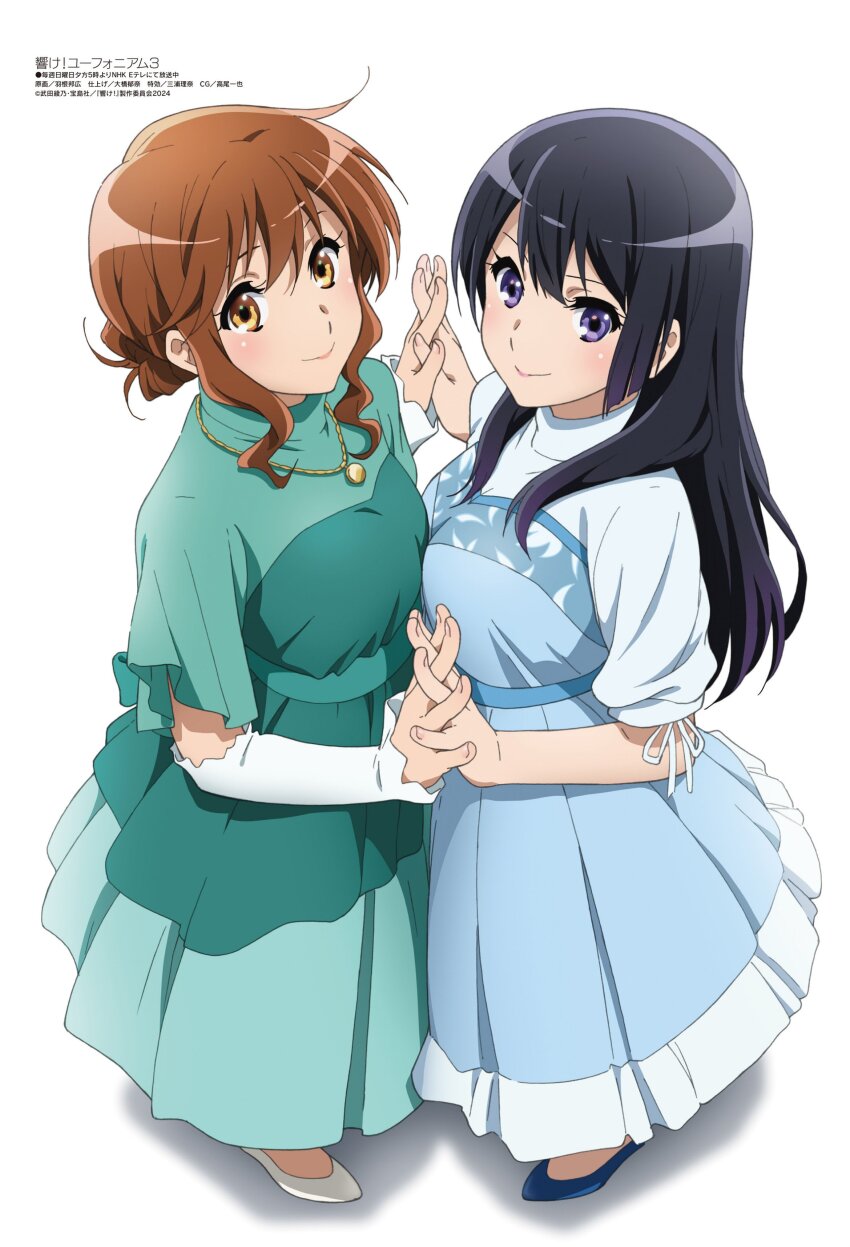 absurdres, asymmetrical_docking, black_hair, blue_dress, breast_press, breasts, brown_eyes, brown_hair