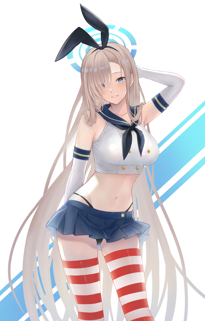 1girl, absurdly_long_hair, absurdres, arm_behind_head, arm_up, asuna_(blue_archive), asymmetrical_bangs, black_hairband, black_neckerchief, black_panties, blue_archive, blue_eyes, blue_halo, blue_sailor_collar, blue_skirt, breasts, cosplay, crop_top, elbow_gloves, funaki_kanase, gloves, hair_over_one_eye, hairband, halo, highleg, highleg_panties, highres, horizontal-striped_thighhighs, kantai_collection, large_breasts, light_brown_hair, long_hair, looking_at_viewer, microskirt, navel, neckerchief, panties, pleated_skirt, sailor_collar, shimakaze_(kancolle), shimakaze_(kancolle)_(cosplay), skirt, smile, solo, striped_clothes, striped_thighhighs, thighhighs, thong, underwear, very_long_hair, white_gloves