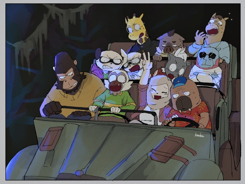 1girl, 6+boys, arm_up, baba_atsuya, bamboo_617, blank_eyes, border, clenched_teeth